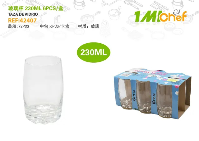 Vaso de vidrio, 230 ml, 6 piezas, ref. 42407