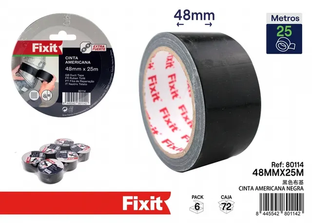 Cinta para ductos, 48 mm, 25 m, color negro