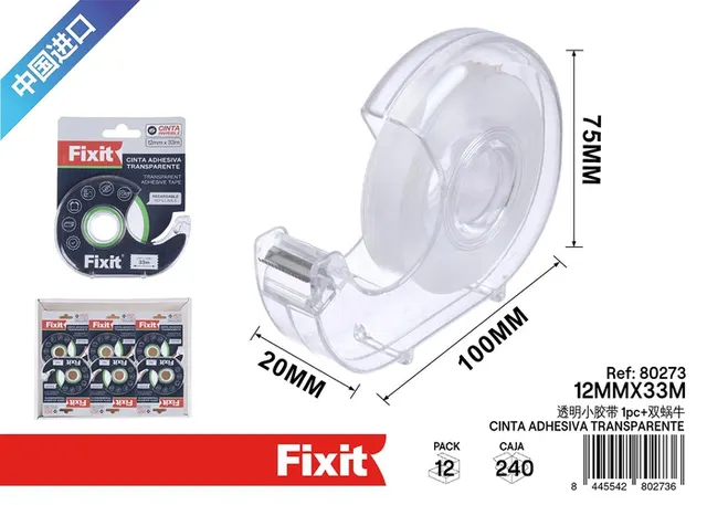 Dispensador de cinta, 12 mm, 33 m, 1 pieza, color transparente