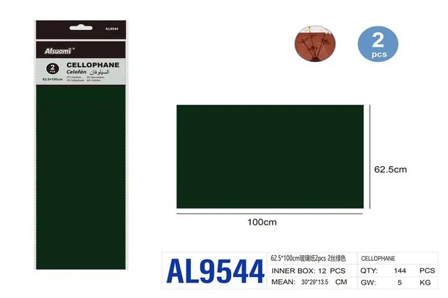 Papel cristalino, 62,5 × 100 cm, 2 piezas, color verde