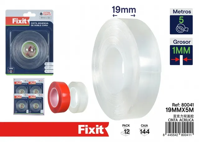 Cinta acrílica, 19 mm, 5 m, colores transparente y rojo
