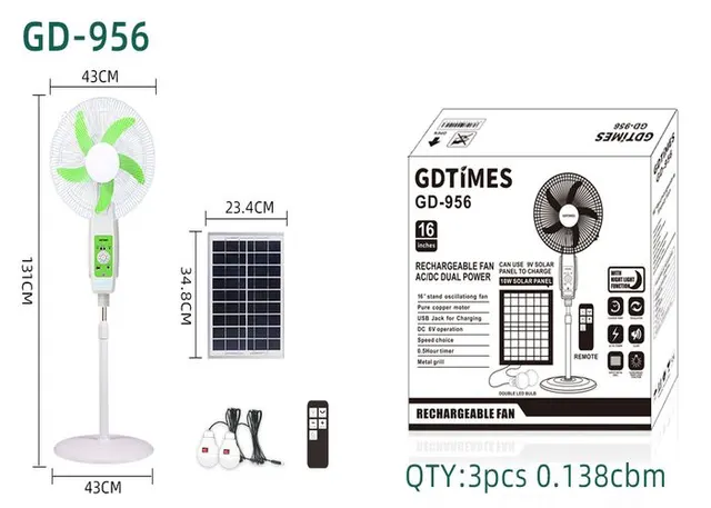 Ventilador solar portátil, 16 pulgadas