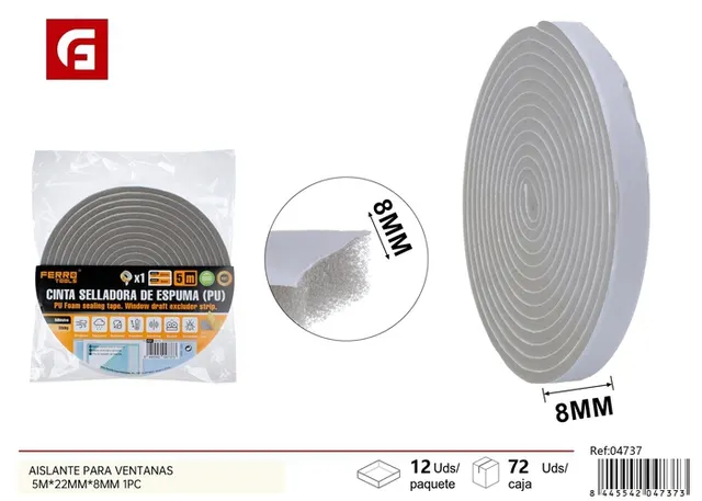 Cinta selladora de espuma adhesiva, 22 mm, 8 mm, 5 m, 1 pieza, color gris