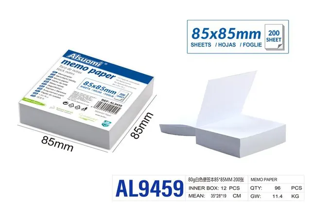Notas adhesivas, 85 × 85 mm, 80 g, color blanco, modelo AL9459