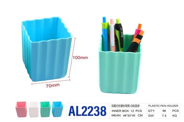 contenedor de bolígrafos, colores azul, verde, blanco y rosado, modelo AL2238