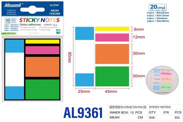 Notas adhesivas, 90 × 25 mm, 45 × 30 mm, 12 × 45 mm, 6 × 45 mm
