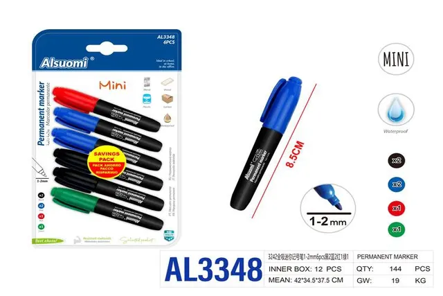 Rotulador, 2 mm, 6 piezas, colores rojo, azul, verde y negro