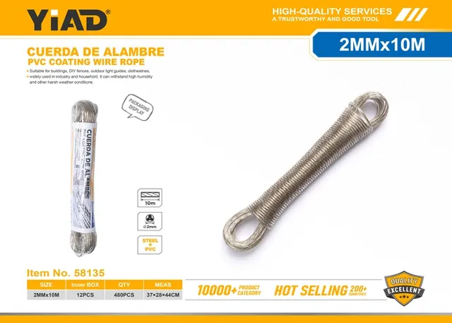 Cable de acero, 2 mm, 10 m