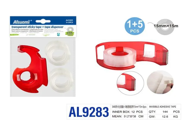 Cinta adhesiva, 15 mm, 15 m, 6 piezas, color transparente
