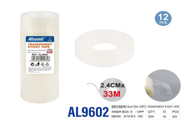 Cinta adhesiva, 2,4 × 33 m, 33 m, 6 piezas, color transparente