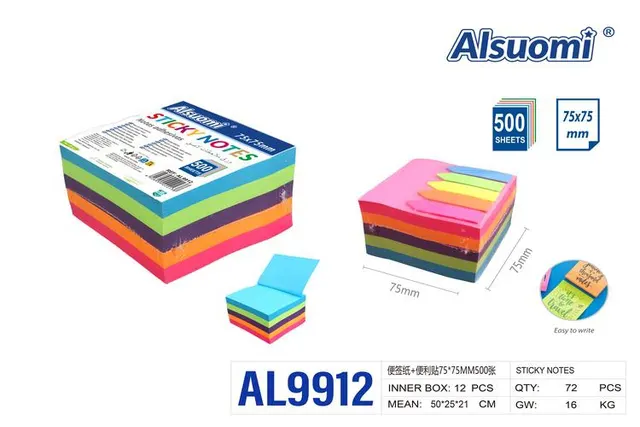 Notas adhesivas, 75 × 75 mm, 5 × 25, modelo AL9912