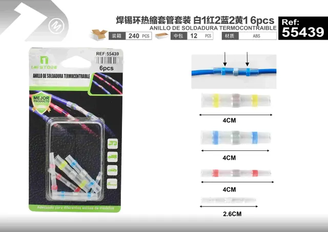 Tubo termorretráctil, 6 piezas, colores amarillo, rojo, azul y blanco