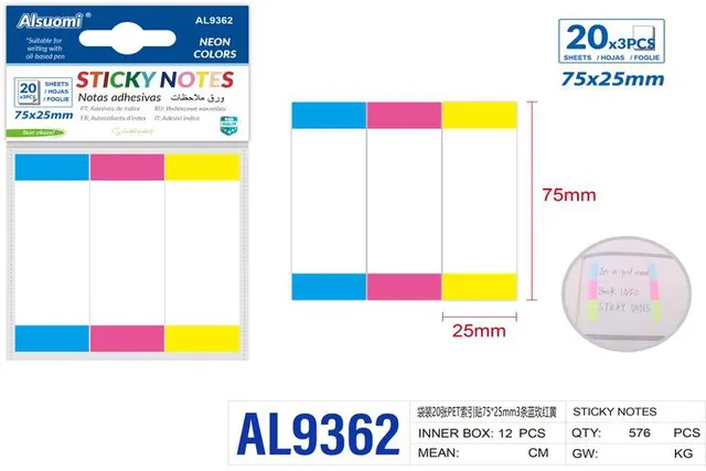 Notas adhesivas, 75 × 25 mm, colores amarillo, rojo y azul