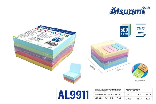 Notas adhesivas, 75 × 75 mm, 5 × 25, modelo AL9911