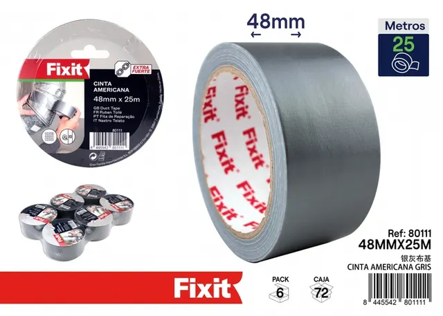 Cinta para ductos, 48 mm, 25 m, color gris