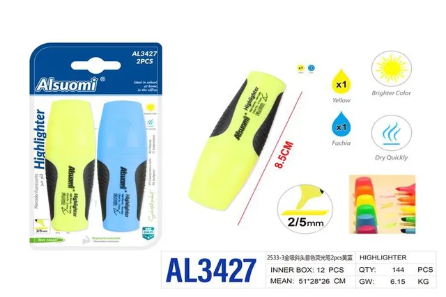 resaltador, 2 piezas, colores amarillo y azul