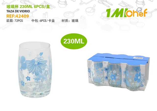 Vaso de vidrio, 230 ml, 6 piezas, ref. 42409
