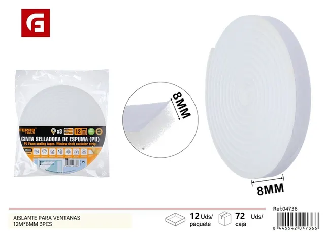 Cinta selladora de espuma adhesiva, 8 mm, 12 m, 3 piezas, color blanco