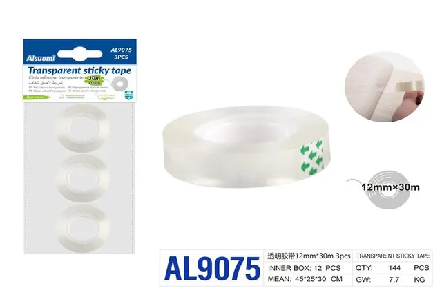 Cinta adhesiva, 12 mm, 30 m, 3 piezas, color transparente