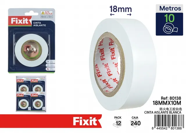 Cinta aislante, 18 mm, 10 m, color blanco