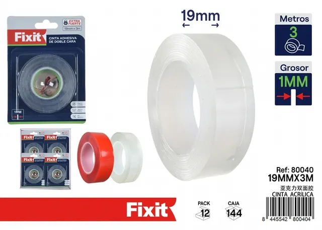 Cinta acrílica, 19 mm, 3 m, colores transparente y rojo