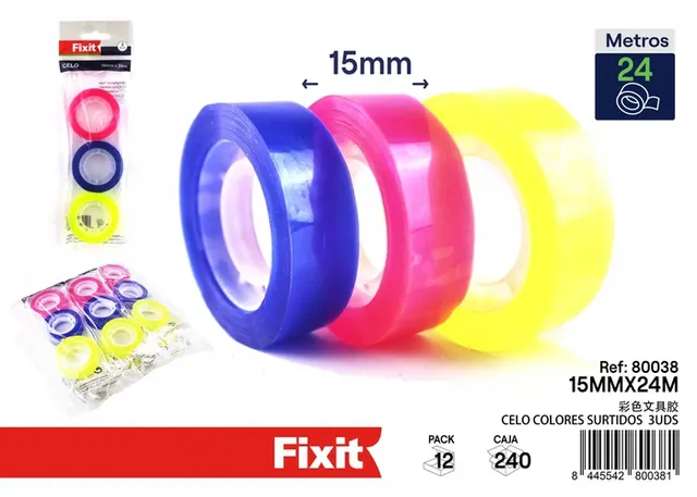Cinta adhesiva de papelería, 15 mm, 24 m, 3 piezas, color multicolor