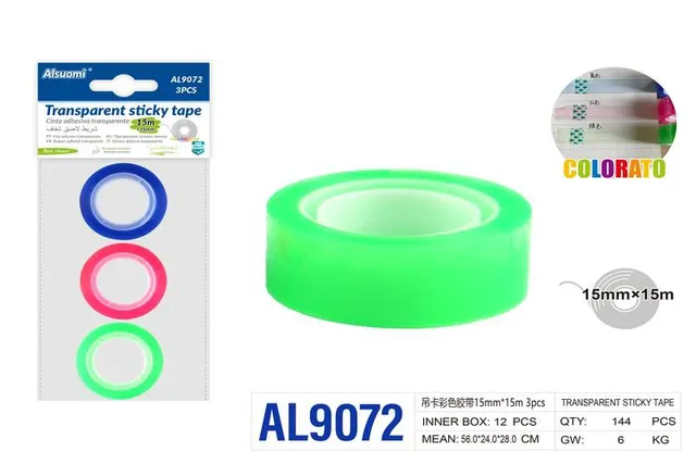 Cinta adhesiva, 15 mm, 15 m, 3 piezas, color multicolor