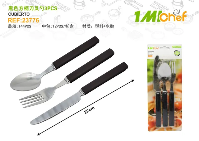 Juego de cuchillo y tenedor, 3 piezas, color negro
