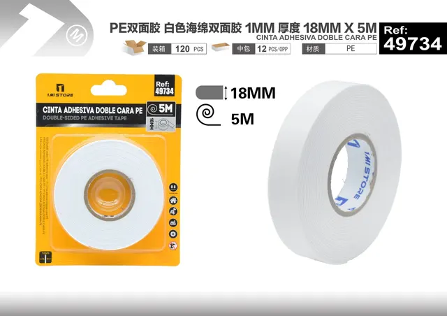 Cinta de doble cara, 1 mm, 18 mm, 5 m, color blanco, ref. 49734