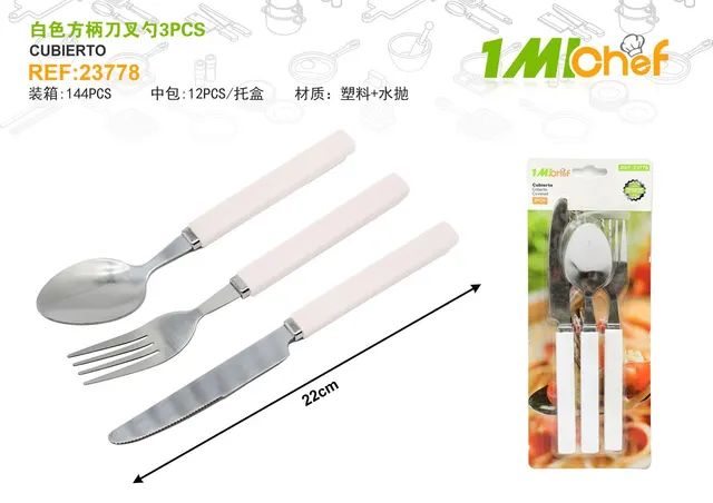 Juego de cuchillo y tenedor, 3 piezas, color blanco