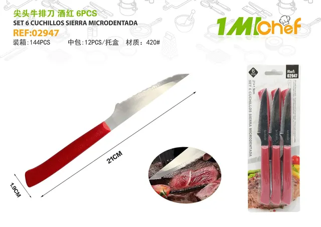 Cuchillo para carne, 6 piezas, color rojo, ref. 02947