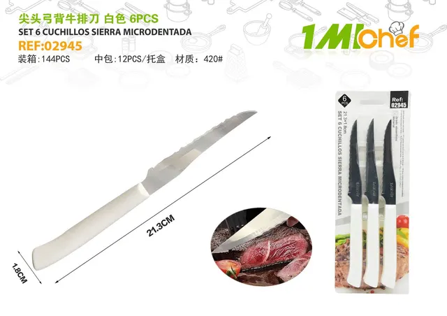 Cuchillo para carne, 6 piezas, color blanco, ref. 02945