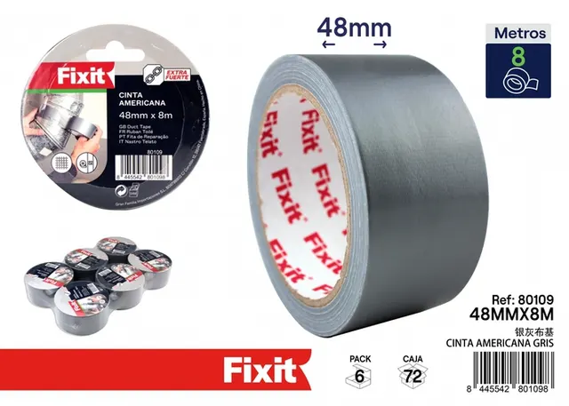 Cinta para ductos, 48 mm, 8 m, color gris