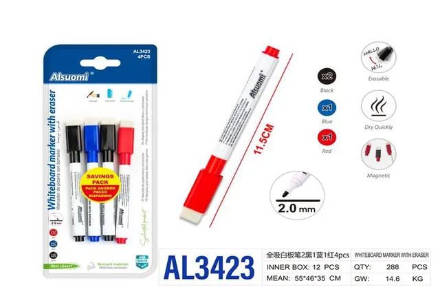 marcador de pizarra, 4 piezas, colores rojo, azul, negro y blanco, modelo AL3423