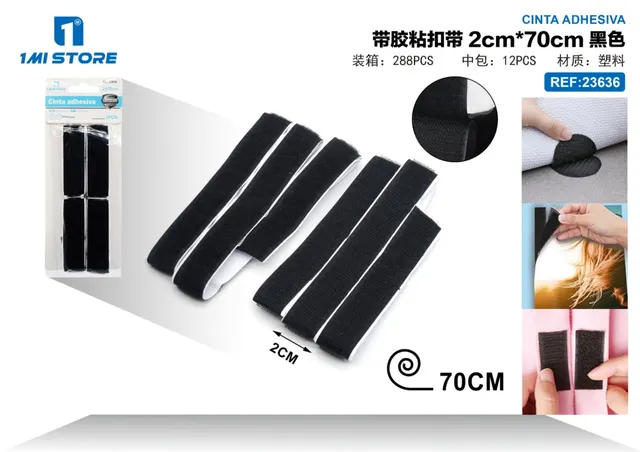 Cinta de gancho y bucle (velcro), 2 cm, 70 cm, color negro, modelo 23636