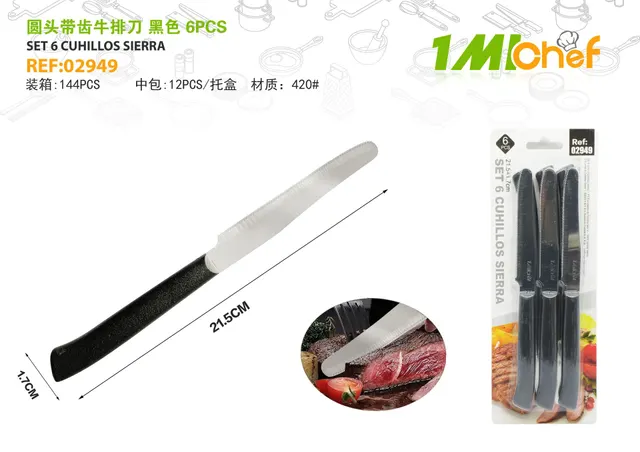 Cuchillo para carne, 6 piezas, color negro, ref. 02949