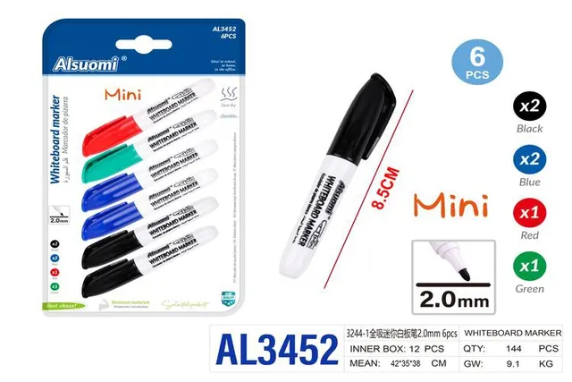 marcador de pizarra, 2,0 mm, 6 piezas, colores rojo, azul, verde, negro y blanco