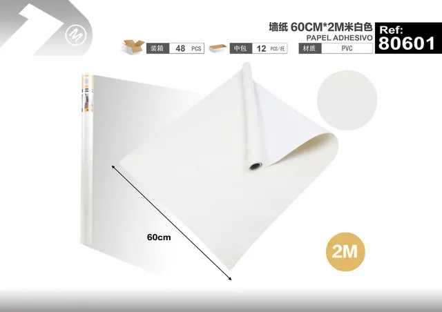 Papel tapiz monocromático, 60 cm, 2 m, color blanco, modelo 80601