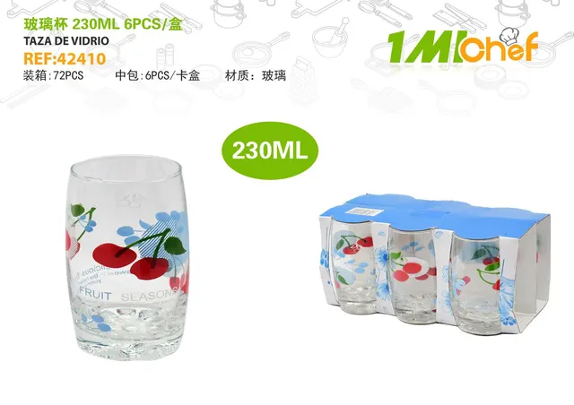 Vaso de vidrio, 230 ml, 6 piezas, ref. 42410