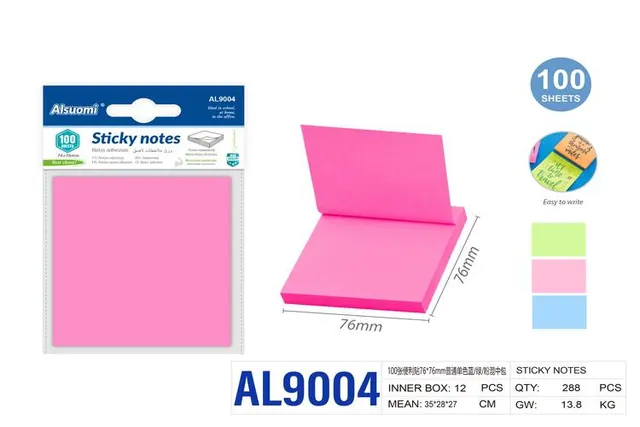 Notas adhesivas, 76 × 76 mm, colores azul, verde y rosado
