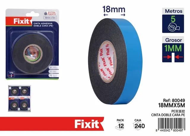 Cinta de doble cara, 1 mm, 18 mm, 5 m, colores azul y blanco