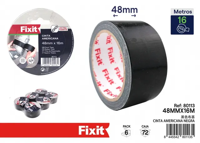 Cinta para ductos, 48 mm, 16 m, color negro