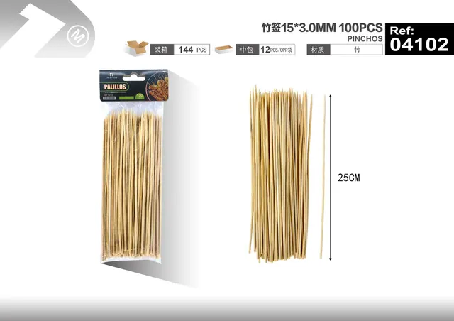 Brochetas para barbacoa, 25 × 3,0 mm, 100 piezas