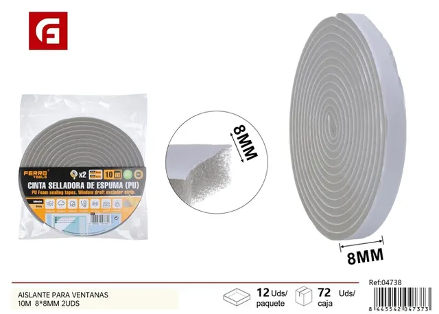 Cinta selladora de espuma adhesiva, 8 × 8 mm, 10 m, 5 m, 2 piezas, color gris