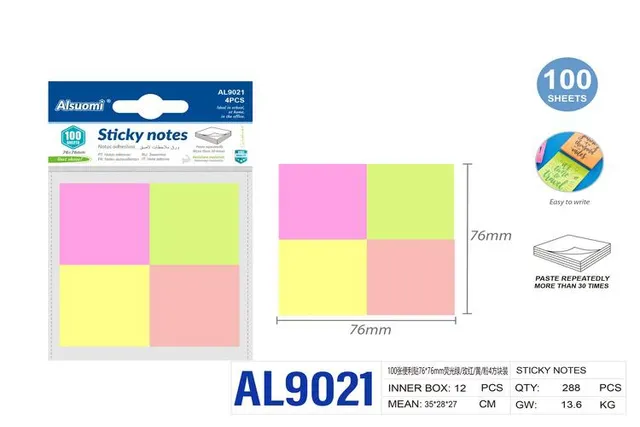 Notas adhesivas, 76 × 76 mm, colores amarillo, rojo, verde y rosado, modelo AL9021