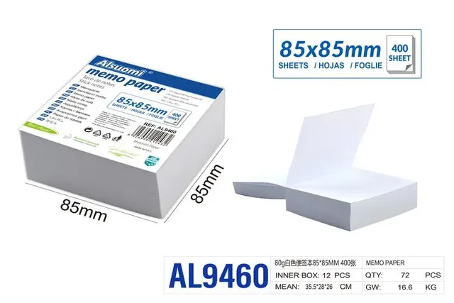 Notas adhesivas, 85 × 85 mm, 80 g, color blanco, modelo AL9460