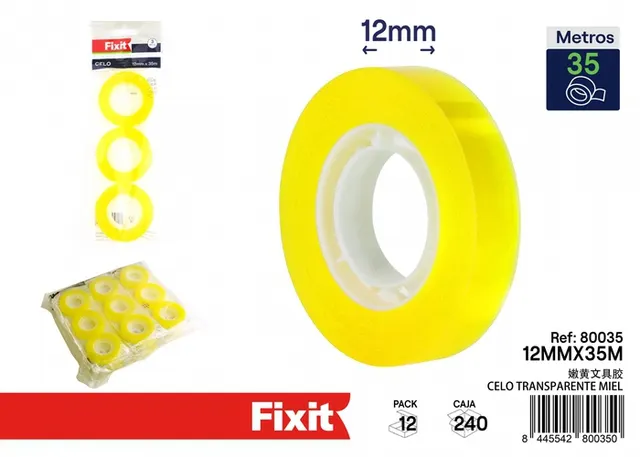 Cinta adhesiva de papelería, 12 mm, 35 m, 3 piezas, color amarillo claro, ref. SJ80035