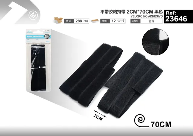Cinta de gancho y bucle (velcro), 2 cm, 70 cm, color negro, modelo 23646