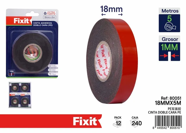 Cinta de doble cara, 1 mm, 18 mm, 5 m, colores rojo y blanco