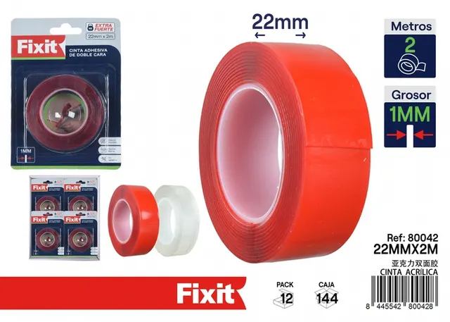 Cinta acrílica, 22 mm, 2 m, colores transparente y rojo